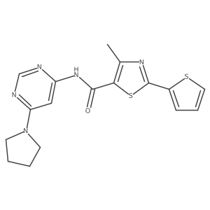 4-methyl-N-(6-(pyrrolidin-1-yl)pyrimidin-4-yl)-2-(thiophen-2-yl)thiazole-5-carboxamide结构式