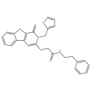 2-{[4-oxo-3-(thiophen-2-ylmethyl)-3,4-dihydro[1]benzofuro[3,2-d]pyrimidin-2-yl]sulfanyl}-N-(2-phenylethyl)acetamide Structure