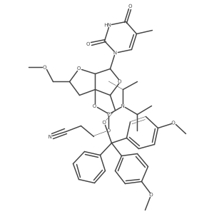 Phosphoramidous acid, bis(1-methylethyl)-, 2-cyanoethyl (2R,3aR,4R,6R,6aS)-4-[[bis(4-methoxyphenyl)phenylmethoxy]methyl]-6-(3,4-dihydro-5-methyl-2,4-dioxo-1(2H)-pyrimidinyl)tetrahydro-2-(methoxymethyl)furo[2,3-c]furan-3a(4H)-yl ester Structure