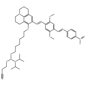 Phosphoramidous acid, N,N-bis(1-methylethyl)-, 2-cyanoethyl 6-[[9-[2-[2,5-dimethoxy-4-[2-(4-nitrophenyl)diazenyl]phenyl]diazenyl]-2,3,6,7-tetrahydro-1H,5H-benzo[ij]quinolizin-8-yl]oxy]hexyl ester结构式