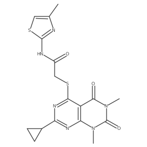 2-((2-cyclopropyl-6,8-dimethyl-5,7-dioxo-5,6,7,8-tetrahydropyrimido[4,5-d]pyrimidin-4-yl)thio)-N-(4-methylthiazol-2-yl)acetamide结构式