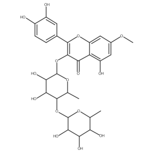 3-[[6-Deoxy-4-O-(6-deoxy-I+/--L-mannopyranosyl)-I+/--L-mannopyranosyl]oxy]-2-(3,4-dihydroxyphenyl)-5-hydroxy-7-methoxy-4H-1-benzopyran-4-one结构式