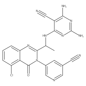 2,4-diamino-6-[[(1S)-1-[5-chloro-3-(5-cyanopyridin-3-yl)-4-oxoquinazolin-2-yl]ethyl]amino]pyrimidine-5-carbonitrile结构式