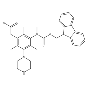 2-[3-({[(9H-fluoren-9-yl)methoxy]carbonyl}(methyl)amino)-2,4,6-trimethyl-5-(piperazin-1-yl)phenyl]acetic acid结构式