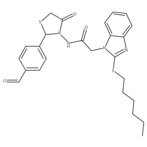 N-[2-(4-formylphenyl)-4-oxo-1,3-thiazolidin-3-yl]-2-(2-hexylsulfanylbenzimidazol-1-yl)acetamide结构式