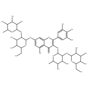 4H-1-Benzopyran-4-one, 3-[(6-deoxy-2-O-I(2)-D-glucopyranosyl-I+/--L-mannopyranosyl)oxy]-7-[[2-O-(6-deoxy-I+/--L-mannopyranosyl)-I(2)-D-glucopyranosyl]oxy]-5-hydroxy-2-(3,4,5-trihydroxyphenyl)-结构式