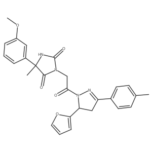 3-[2-[5-(2-Furanyl)-4,5-dihydro-3-(4-methylphenyl)-1H-pyrazol-1-yl]-2-oxoethyl]-5-(3-methoxyphenyl)-5-methyl-2,4-imidazolidinedione结构式