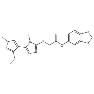 N-(benzo[d][1,3]dioxol-5-yl)-2-((5-(3-methoxy-1-methyl-1H-pyrazol-4-yl)-4-methyl-4H-1,2,4-triazol-3-yl)thio)acetamide结构式