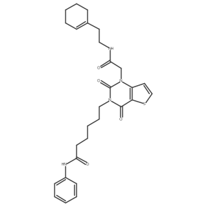 6-[1-(2-{[2-(cyclohex-1-en-1-yl)ethyl]amino}-2-oxoethyl)-2,4-dioxo-1,4-dihydrothieno[3,2-d]pyrimidin-3(2H)-yl]-N-phenylhexanamide结构式