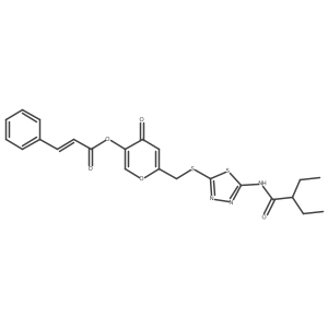 6-(((5-(2-ethylbutanamido)-1,3,4-thiadiazol-2-yl)thio)methyl)-4-oxo-4H-pyran-3-yl cinnamate结构式