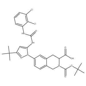 2-(Tert-butoxycarbonyl)-6-(3-(tert-butyl)-5-(3-(2,3-dichlorophenyl)ureido)-1H-pyrazol-1-yl)-1,2,3,4-tetrahydroisoquinoline-3-carboxylic acid结构式
