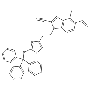5-Formyl-4-methyl-1-(2-(2-(tritylamino)thiazol-4-yl)ethyl)-1h-indole-2-carbonitrile结构式