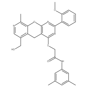 N-(3,5-dimethylphenyl)-2-((6-(hydroxymethyl)-2-(2-methoxyphenyl)-9-methyl-5H-pyrido[4',3':5,6]pyrano[2,3-d]pyrimidin-4-yl)thio)acetamide结构式