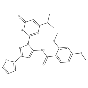 N-(3-(furan-2-yl)-1-(4-isopropyl-6-oxo-1,6-dihydropyrimidin-2-yl)-1H-pyrazol-5-yl)-2,4-dimethoxybenzamide结构式