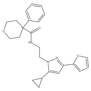 N-(2-(5-cyclopropyl-3-(thiophen-2-yl)-1H-pyrazol-1-yl)ethyl)-4-phenyltetrahydro-2H-pyran-4-carboxamide结构式