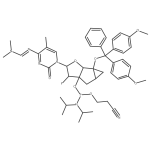 (S)-(2R,3R,3aR,4aS,5aR,5bR)-5a-(Bis(4-methoxyphenyl)(phenyl)methoxy)-2-(4-(((dimethylamino)methylene)amino)-5-methyl-2-oxopyrimidin-1(2H)-yl)-3-fluorooctahydrocyclopropa[4,5]cyclopenta[1,2-b]furan-3a-yl (2-cyanoethyl) diisopropylphosphoramidite Structure