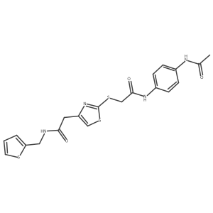 N-(4-acetamidophenyl)-2-((4-(2-oxo-2-((thiophen-2-ylmethyl)amino)ethyl)thiazol-2-yl)thio)acetamide结构式
