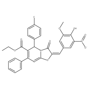 Ethyl 5-(4-fluorophenyl)-2,3-dihydro-2-[(4-hydroxy-3-methoxy-5-nitrophenyl)methylene]-3-oxo-7-phenyl-5H-thiazolo[3,2-a]pyrimidine-6-carboxylate Structure