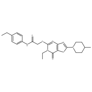 2-{[6-ethyl-2-(4-methylpiperidin-1-yl)-7-oxo-6H,7H-[1,3]thiazolo[4,5-d]pyrimidin-5-yl]sulfanyl}-N-(4-ethylphenyl)acetamide结构式