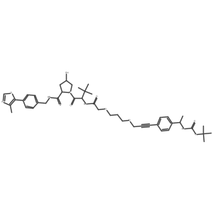 tert-butyl N-[(1R)-1-[4-[3-[3-[2-[[(1S)-1-[(2S,4R)-4-hydroxy-2-[[4-(4-methylthiazol-5-yl)phenyl]methylcarbamoyl]pyrrolidine-1-carbonyl]-2,2-dimethyl-propyl]amino]-2-oxo-ethoxy]propoxy]prop-1-ynyl]phenyl]ethyl]carbamate Structure