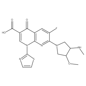 rel-6-Fluoro-1,4-dihydro-7-[(3R,4R)-3-methoxy-4-(methylamino)-1-pyrrolidinyl]-4-oxo-1-(2-thiazolyl)-1,8-naphthyridine-3-carboxylic acid结构式