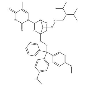 1-[(1R,3R,4R,7S)-1-[[bis(4-methoxyphenyl)-phenyl-methoxy]methyl]-7-[(diisopropylamino)methylphosphanyloxy]-2,5-dioxabicyclo[2.2.1]heptan-3-yl]-5-methyl-pyrimidine-2,4-dione Structure