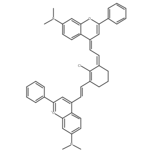 4-((E)-2-((E)-2-Chloro-3-((E)-2-(7-(dimethylamino)-2-phenyl-4H-chromen-4-ylidene)ethylidene)cyclohex-1-en-1-yl)vinyl)-7-(dimethylamino)-2-phenylchromenylium结构式