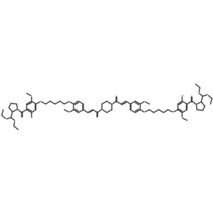 3-[4-[5-[5-Amino-4-[2-[bis(ethylsulfanyl)methyl]pyrrolidine-1-carbonyl]-2-methoxyphenoxy]pentoxy]-3-methoxyphenyl]-1-[4-[3-[4-[5-[5-amino-4-[2-[bis(ethylsulfanyl)methyl]pyrrolidine-1-carbonyl]-2-methoxyphenoxy]pentoxy]-3-methoxyphenyl]prop-2-enoyl]piperazin-1-yl]prop-2-en-1-one Structure