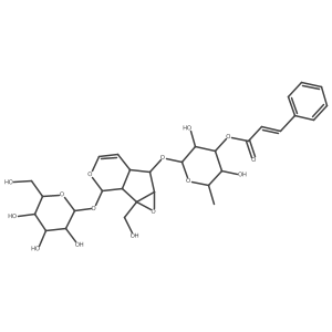 NCGC00169094-03_C30H38O15_beta-D-Glucopyranoside, (1aS,1bS,2S,5aR,6S,6aS)-6-[[6-deoxy-3-O-[(2E)-1-oxo-3-phenyl-2-propen-1-yl]-alpha-L-mannopyranosyl]oxy]-1a,1b,2,5a,6,6a-hexahydro-1a-(hydroxymethyl)oxireno[4,5]cyclopenta[1,2-c]pyran-2-yl Structure