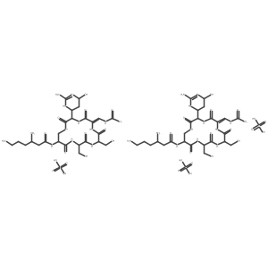 NCCCC(N)CC(=O)NC1CNC(=O)C(C2CC(O)N=C(N)N2)NC(=O)C(=CNC(N)=O)NC(=O)C(CO)NC(=O)C(CO)NC1=O.NCCCC(N)CC(=O)NC1CNC(=O)C(C2CC(O)N=C(N)N2)NC(=O)C(=CNC(N)=O)NC(=O)C(CO)NC(=O)C(CO)NC1=O.O=S(=O)(O)O.O=S(=O)(O)O.O=S(=O)(O)O结构式
