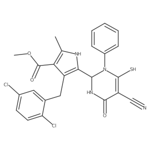 1H-Pyrrole-3-carboxylic acid, 5-(5-cyano-1,2,3,4-tetrahydro-6-mercapto-4-oxo-1-phenyl-2-pyrimidinyl)-4-[(2,5-dichlorophenyl)methyl]-2-methyl-, methyl ester结构式