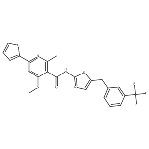 2-(furan-2-yl)-4-methyl-6-(methylsulfanyl)-N-(5-{[3-(trifluoromethyl)phenyl]methyl}-1,3-thiazol-2-yl)pyrimidine-5-carboxamide结构式