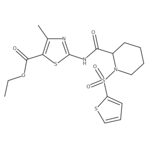 Ethyl 4-methyl-2-(1-(thiophen-2-ylsulfonyl)piperidine-2-carboxamido)thiazole-5-carboxylate结构式