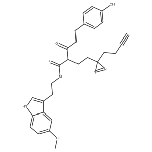 2-(2-(3-(But-3-yn-1-yl)-3H-diazirin-3-yl)ethyl)-5-(4-hydroxyphenyl)-N-(2-(5-methoxy-1H-indol-3-yl)ethyl)-3-oxopentanamide Structure