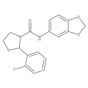 N-(benzo[d][1,3]dioxol-5-yl)-2-(2-fluorophenyl)thiazolidine-3-carboxamide结构式