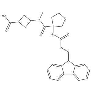 3-[N-methyl3-({[(9H-fluoren-9-yl)methoxy]carbonyl}amino)oxolane-3-amido]cyclobutane-1-carboxylic acid结构式