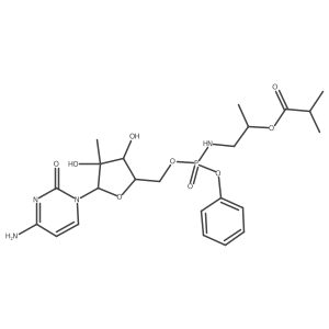 Cytidine, 2a(2)-C-methyl-, 5a(2)-[phenyl N-[2-(2-methyl-1-oxopropoxy)propyl]phosphoramidate]结构式