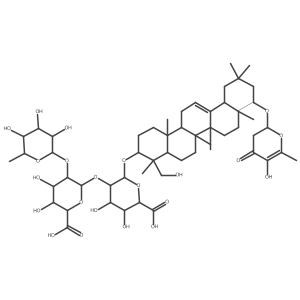 I(2)-D-Glucopyranosiduronic acid, (3I(2),4I(2),22I(2))-22-[[(2R)-3,4-dihydro-5-hydroxy-6-methyl-4-oxo-2H-pyran-2-yl]oxy]-23-hydroxyolean-12-en-3-yl O-6-deoxy-I+/--L-mannopyranosyl-(1a2)-O-I(2)-D-glucopyranuronosyl-(1a2)- Structure