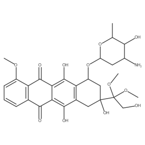 5,12-Naphthacenedione, 10-[(3-amino-2,3,6-trideoxy--L-lyxo-hexopyranosyl)oxy]-7,8,9,10-tetrahydro-6,8,11-trihydroxy-8-(2-hydroxy-1,1-dimethoxyethyl)-1-methoxy-, (8S,10S)-结构式