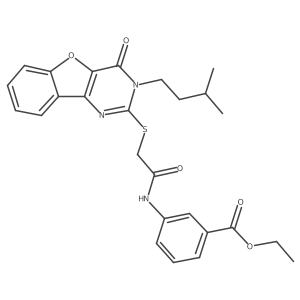 Ethyl 3-(2-((3-isopentyl-4-oxo-3,4-dihydrobenzofuro[3,2-d]pyrimidin-2-yl)thio)acetamido)benzoate结构式