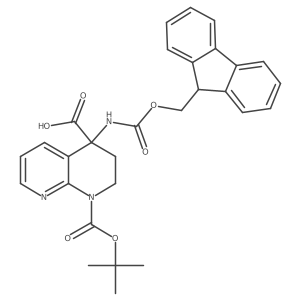 1-[(tert-butoxy)carbonyl]-4-({[(9H-fluoren-9-yl)methoxy]carbonyl}amino)-1,2,3,4-tetrahydro-1,8-naphthyridine-4-carboxylic acid结构式