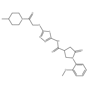 1-(2-methoxyphenyl)-N-(5-((2-(4-methylpiperidin-1-yl)-2-oxoethyl)thio)-1,3,4-thiadiazol-2-yl)-5-oxopyrrolidine-3-carboxamide结构式