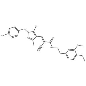 (Z)-3-[5-Chloro-1-[(4-chlorophenyl)methyl]-3-methylpyrazol-4-yl]-2-cyano-N-[2-(3,4-dimethoxyphenyl)ethyl]prop-2-enamide Structure