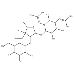 O-2-Amino-2-deoxy-I+/--L-glucopyranosyl-(1a2)-O-5-deoxy-3-C-(hydroxymethyl)-I+/--L-lyxofuranosyl-(1a4)-N1,N3-bis(aminoiminomethyl)-D-streptamine Structure