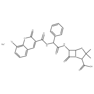 Sodium 3-({2-[(2-carboxy-3,3-dimethyl-7-oxo-4-thia-1-azabicyclo[3.2.0]heptan-6-yl)imino]-2-hydroxy-1-phenylethyl}carbamoyl)-2-oxo-2H-1-benzopyran-8-olate结构式