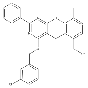 (7-{[(3-Chlorophenyl)methyl]sulfanyl}-14-methyl-5-phenyl-2-oxa-4,6,13-triazatricyclo[8.4.0.0^{3,8}]tetradeca-1(10),3(8),4,6,11,13-hexaen-11-yl)methanol结构式
