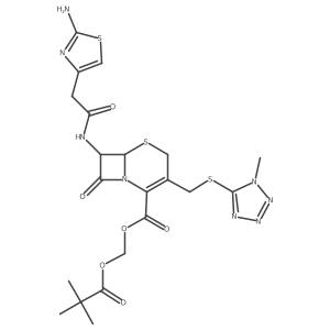 5-Thia-1-azabicyclo[4.2.0]oct-2-ene-2-carboxylic acid, 7-[[(2-amino-4-thiazolyl)acetyl]amino]-3-[[(1-methyl-1H-tetrazol-5-yl)thio]methyl]-8-oxo-, (2,2-dimethyl-1-oxopropoxy)methyl ester, (6R-trans)- Structure