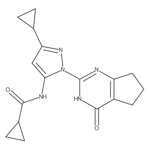 N-(3-cyclopropyl-1-(4-oxo-4,5,6,7-tetrahydro-3H-cyclopenta[d]pyrimidin-2-yl)-1H-pyrazol-5-yl)cyclopropanecarboxamide结构式