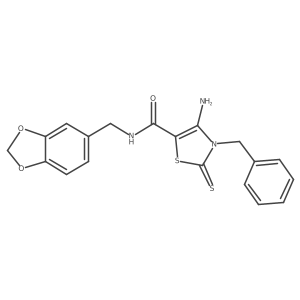 4-amino-N-(benzo[d][1,3]dioxol-5-ylmethyl)-3-benzyl-2-thioxo-2,3-dihydrothiazole-5-carboxamide结构式