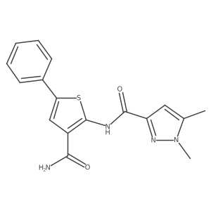 N-(3-carbamoyl-5-phenylthiophen-2-yl)-1,5-dimethyl-1H-pyrazole-3-carboxamide结构式